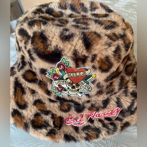 Ed Hardy Faux Fur Leopard Print Bucket Hat